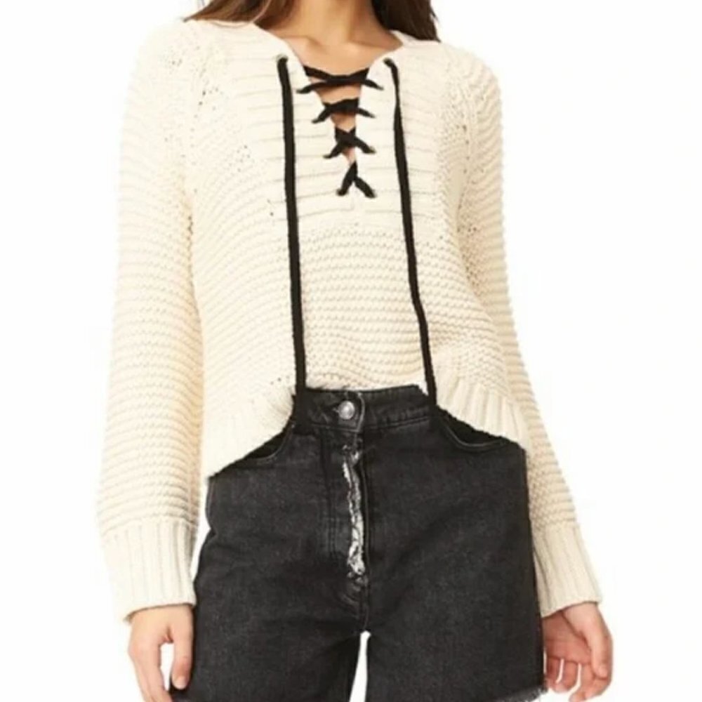 Marled Reunited Lace Up V-Neck Sweater Beige Black M